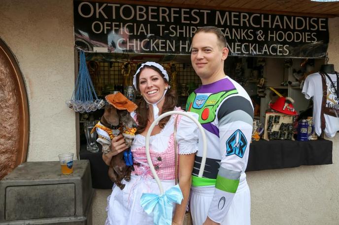 A costumed contestant at the Old World Oktoberfest Dachshund Wiener Dog Races. A wiener dog in costume attends the pet-friendly Old World Oktoberfest.