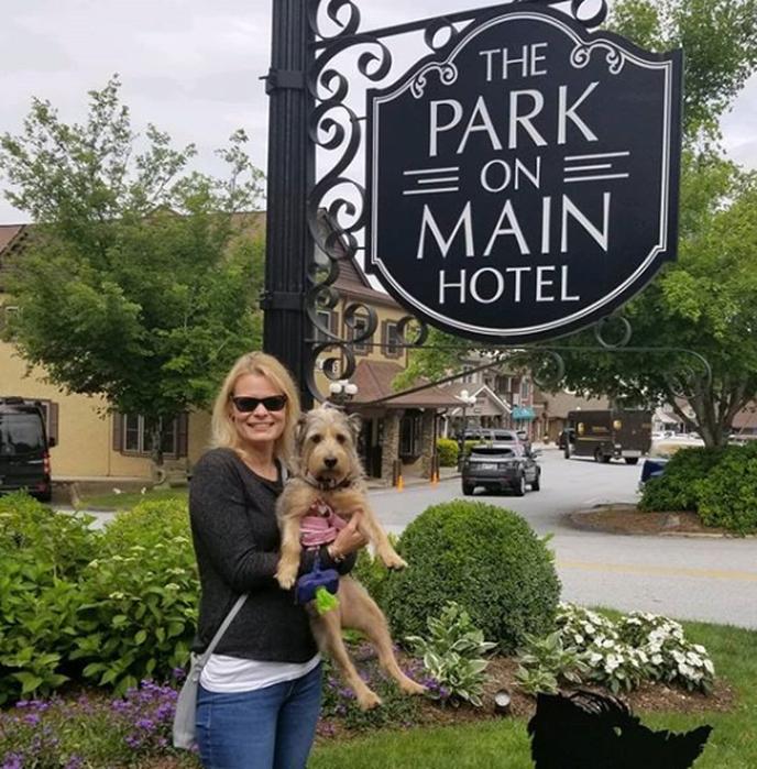 Bring Your Dog To the Park on Main, a Pet-Friendly Hotel in the South. A Woman and Her Dog Pose in Front of The Park on Main, a Pet-Friendly Hotel in the South.