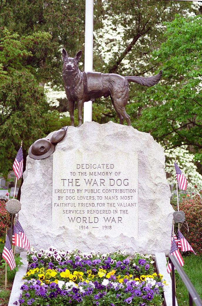 The War Dog Memorial in Hartsdale Pet Cemetery dedicated to WWI military canines. The War Dog Memorial in Hartsdale Pet Cemetery is dedicated to WWI military canines.