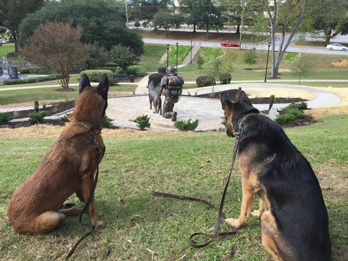 The South Carolina War Dog Memorial in Columbia, SC's Memorial Park. In Columbia’s Memorial Park, the South Carolina War Dog Memorial, dedicated on Veterans Day, 2015.