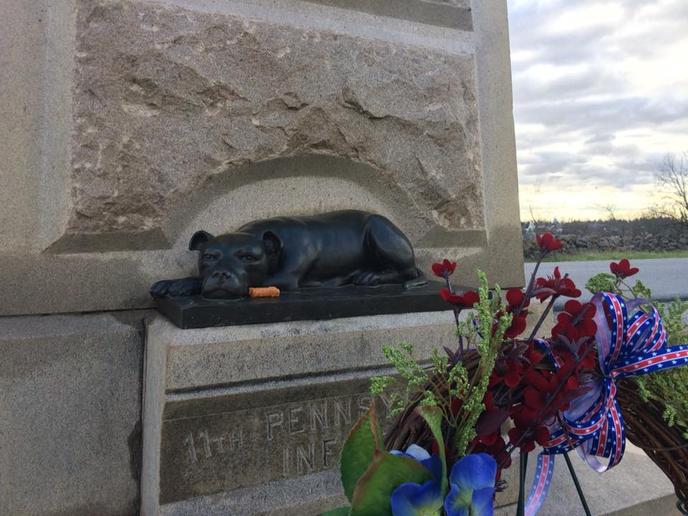 Leave a treat at the Sallie the Pit Bull monument at Gettysburg National Military Park. At Gettysburg National Military park lies a memorial to Sallie the Pit Bull, a military working dog.