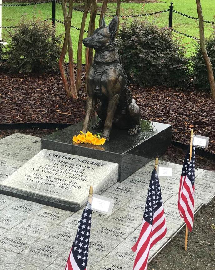 The SOF K9 Memorial dedicated to Special Operations canines near Fort Bragg in NC. The SOF K9 Memorial located at the U.S. Army Airborne & Special Operations Museum near Fort Bragg.