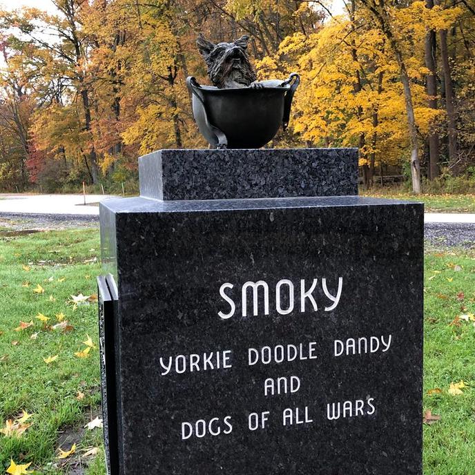 The memorial sculpture of Smoky the War Dog in Rocky River Reservation. A memorial sculpture of Smoky the War Dog sits in North Olmsted, OH.