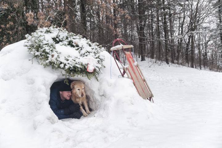 A man and a dog stay in a pet-friendly igloo.