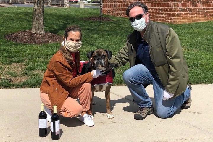 Two Masked Humans Pose With a Dog.