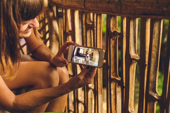 A Woman Looks at Her Dog Through a Monitoring App for Dogs..