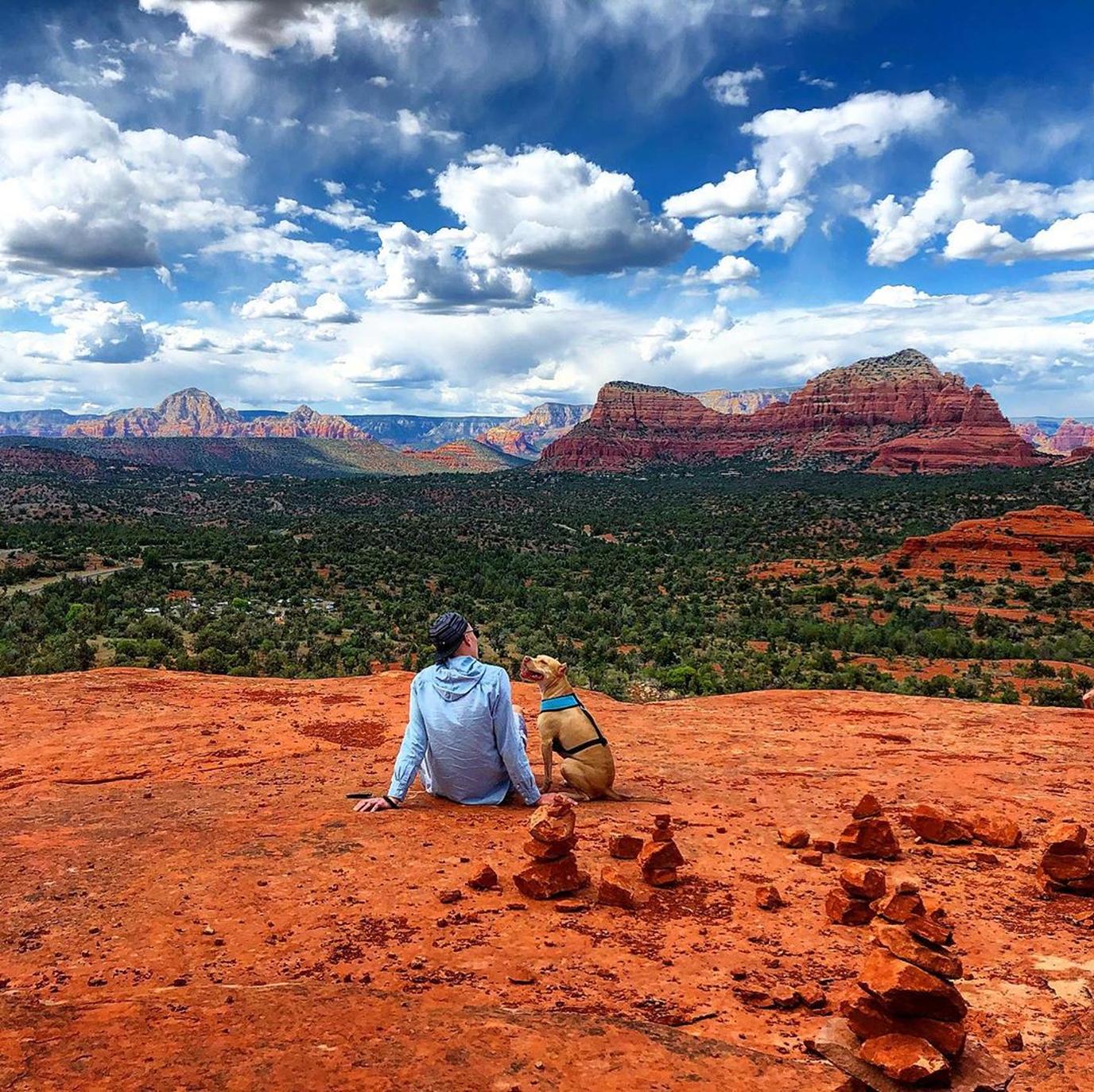 A Man and Dog Sit and Take in the View at the Pet-Friendly Bell Rock Vortex.