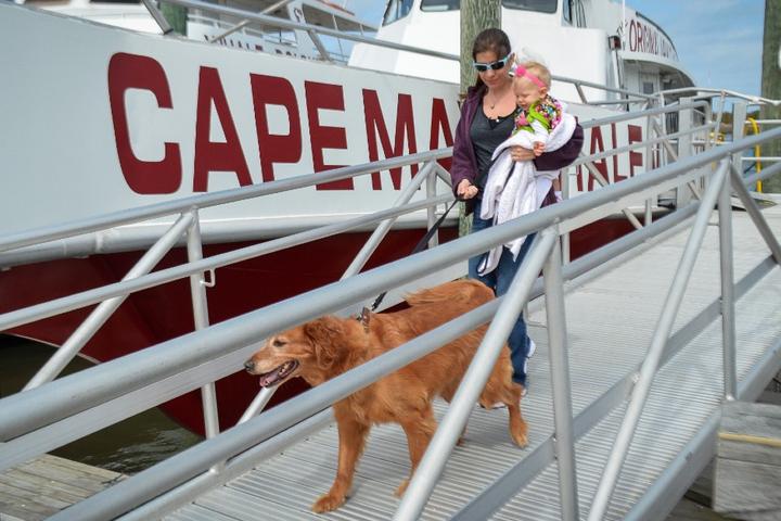 A woman takes her dog on a whale-watching cruise in Cape May.