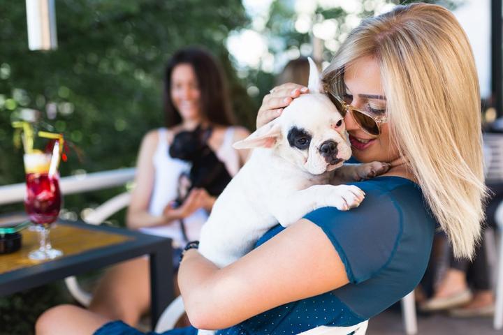 A woman with her dog at Happy Hour at a pet-friendly restaurant.