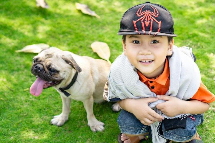 A young boy and his pug.