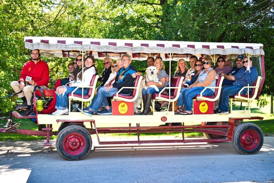 People and a dog ride on board a pet-friendly trolley in Mackinac Island, MI