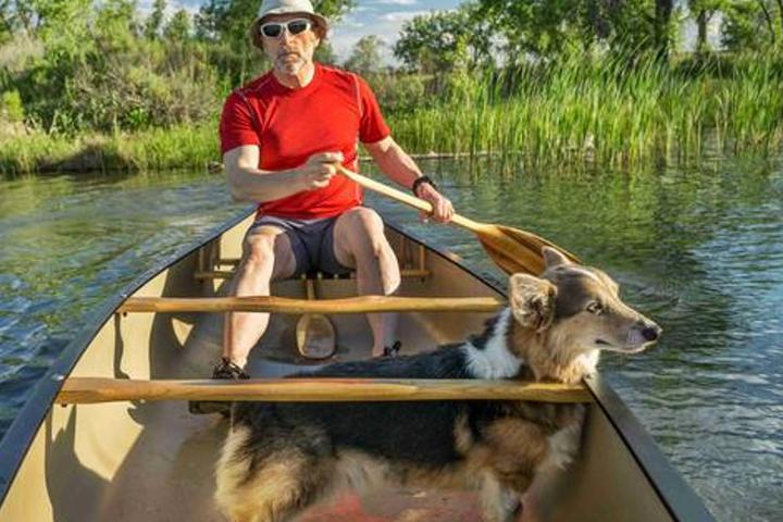 Man Paddles a Canoe with a Dog