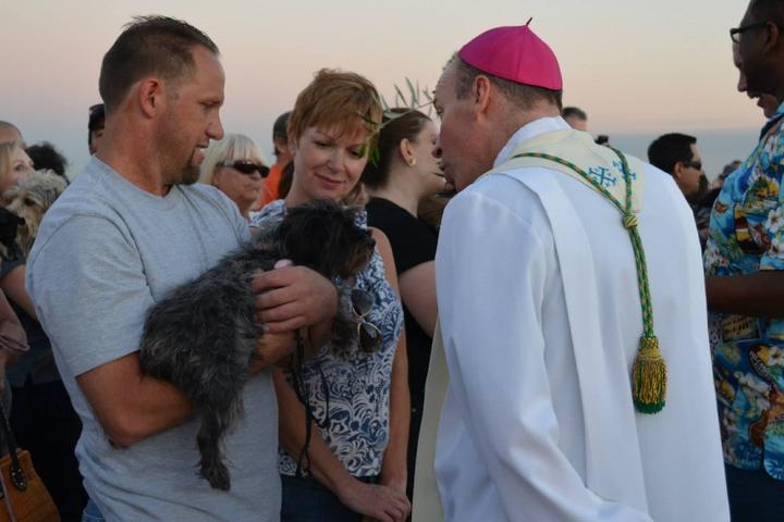 Dog and people attending a Blessing of the Animals event.