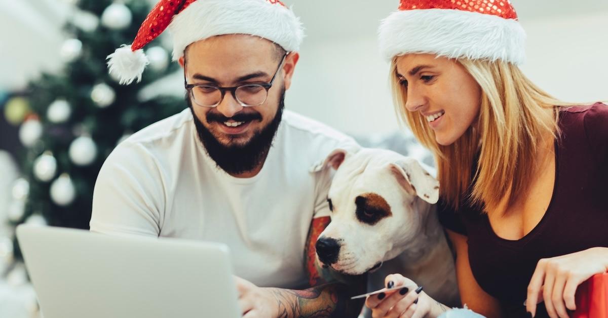 A couple in Santa hats shops online with their dog.
