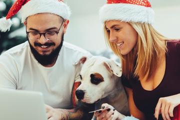 Early Black Friday Dog Deals A couple in Santa hats shops online with their dog.
