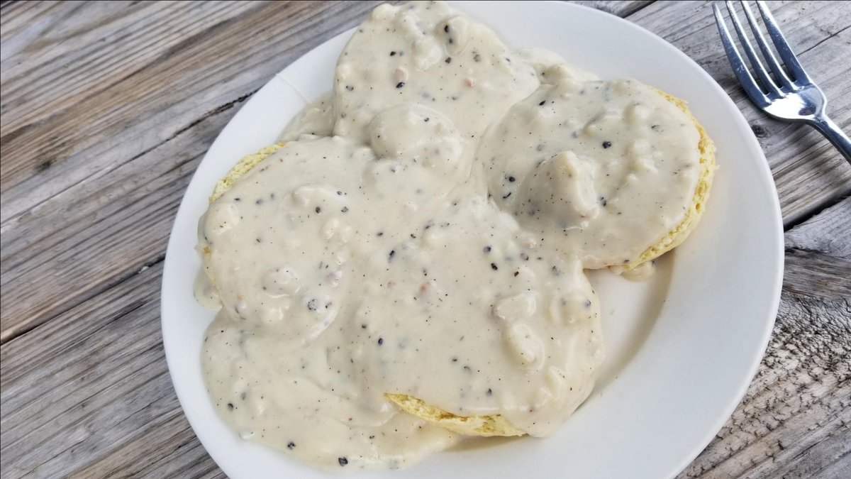 Picture of biscuits and gravy from Sperryville Trading Cafe and Market, a pet-friendly eatery in Sperryville, VA.