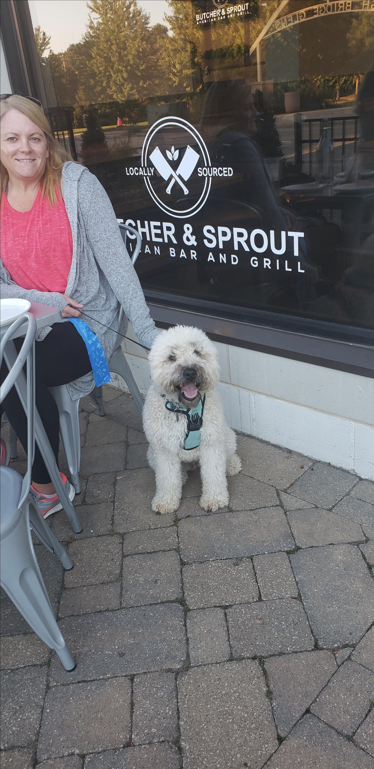 A woman dines with her dog at pet-friendly Butcher & Sprout in Cuyahoga Falls, OH.