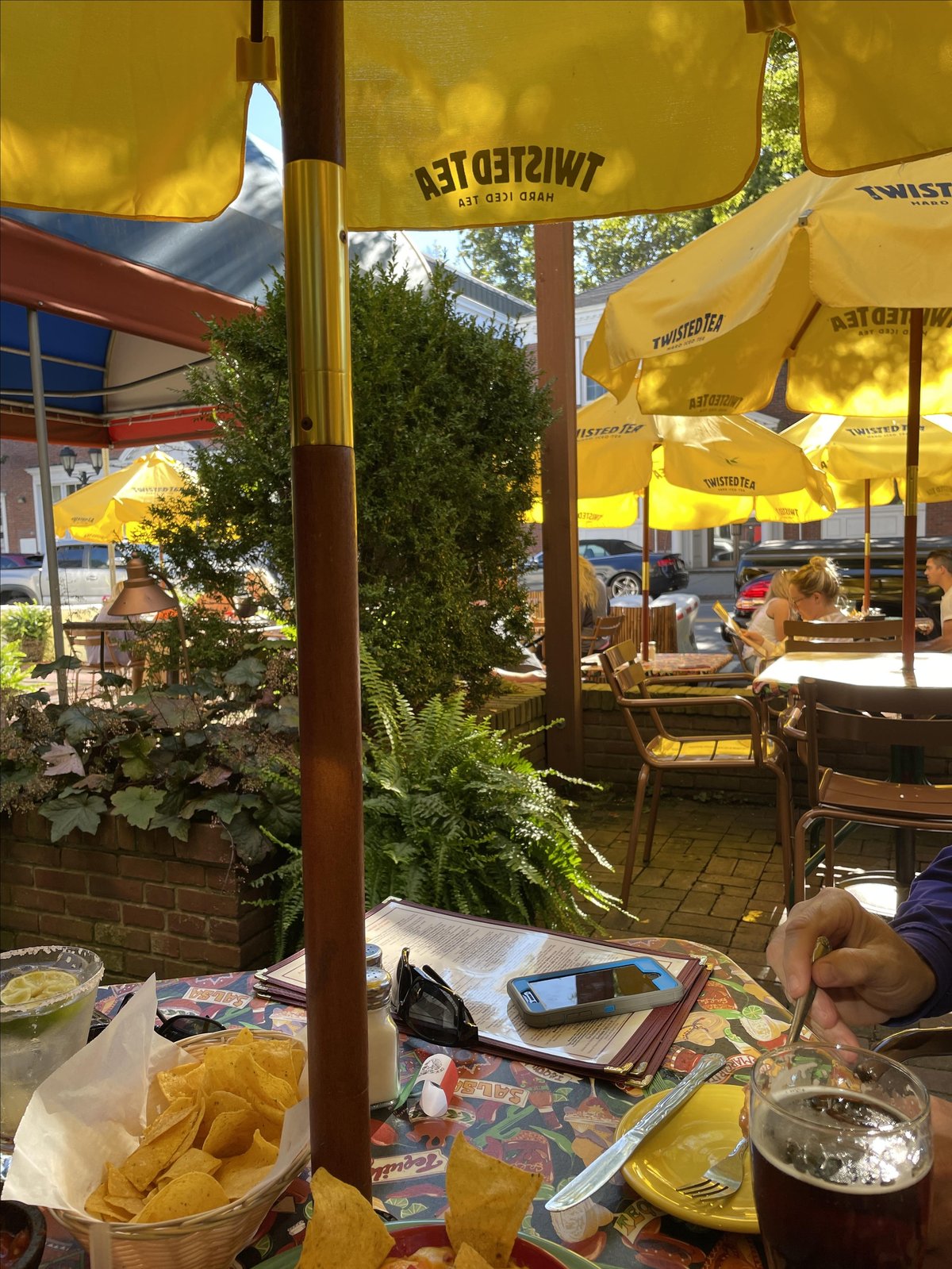 Pictured is the outdoor patio at dog-friendly restaurant Sam Diego's, located in Plymouth, MA.