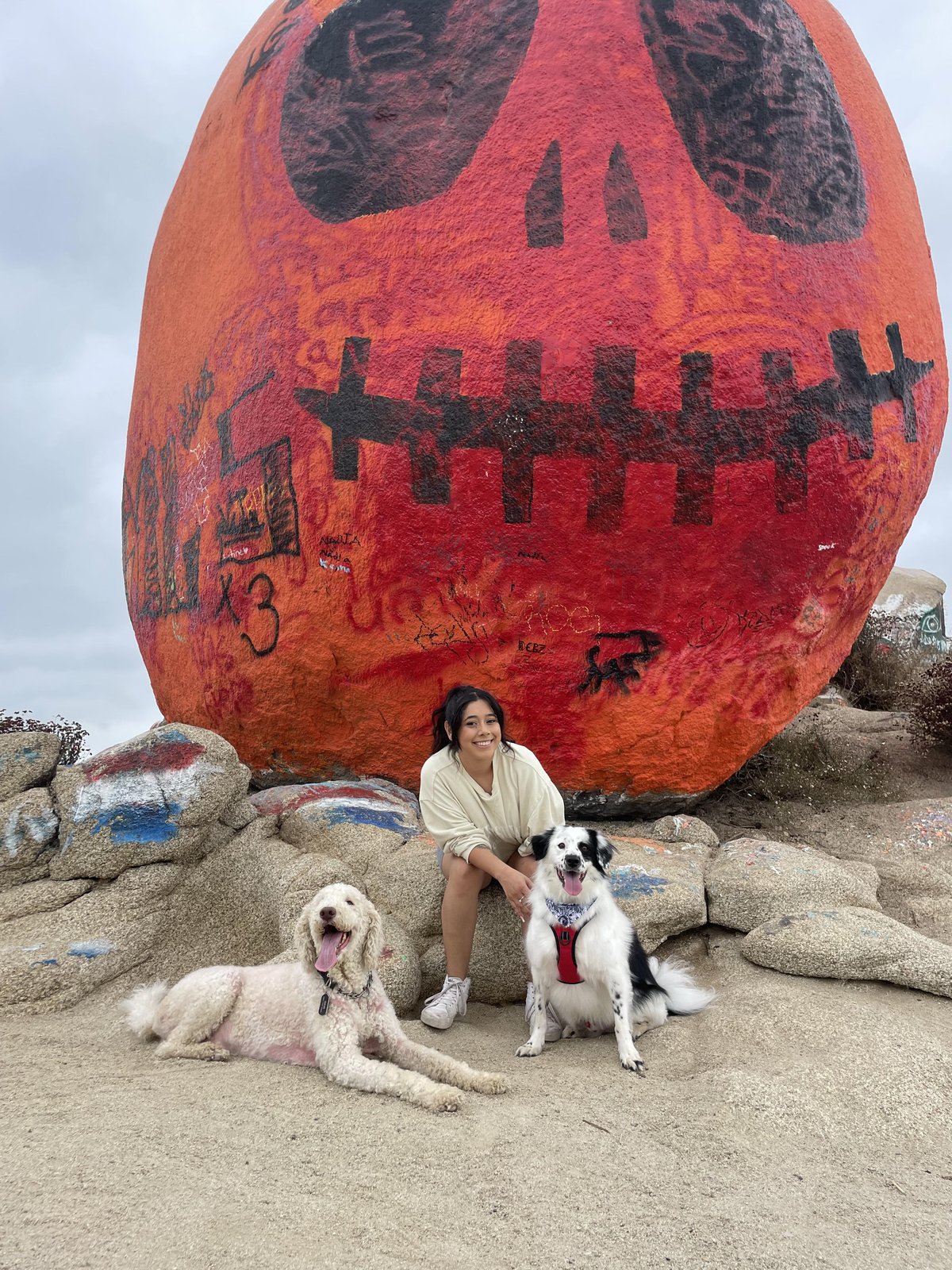 A person posing with their pups at the dog-friendly Pumpkin Rock Trail in  Norco, CA.