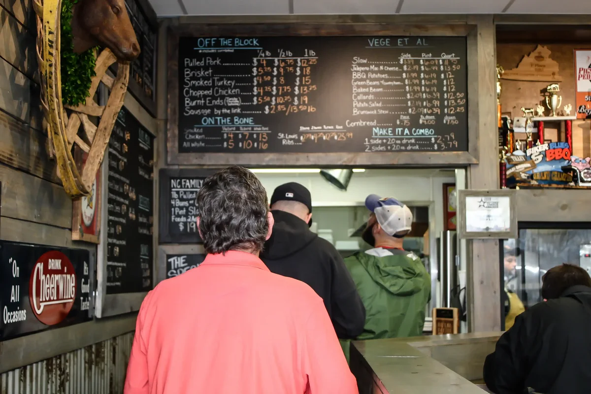 In line at Redneck BBQ Lab, a dog-friendly fast casual restaurant in Benson, NC.
