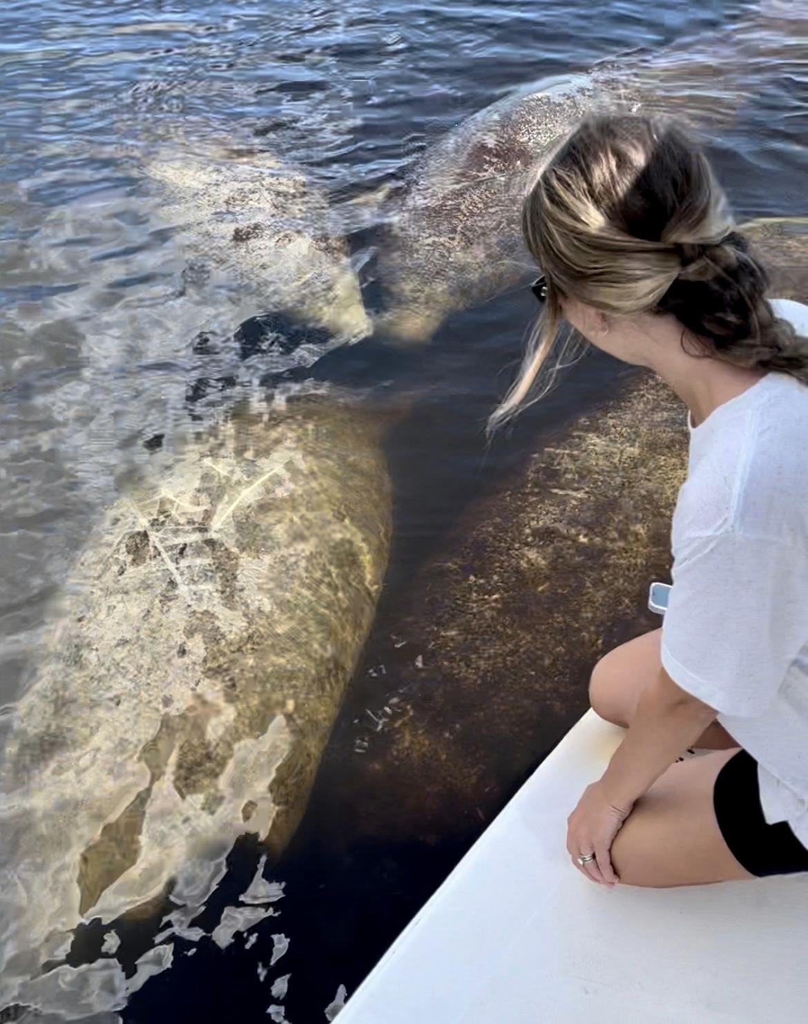A woman looking at manatees during her dog-friendly outing with Naples, FL's Manatee Sightseeing and Wildlife Adventures boat tour company.