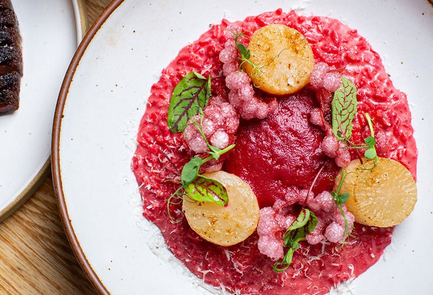 Prospect is a pet-friendly eatery in Hunter, NY, serving beet risotto. Photo by Scribner's Catskill Lodge.