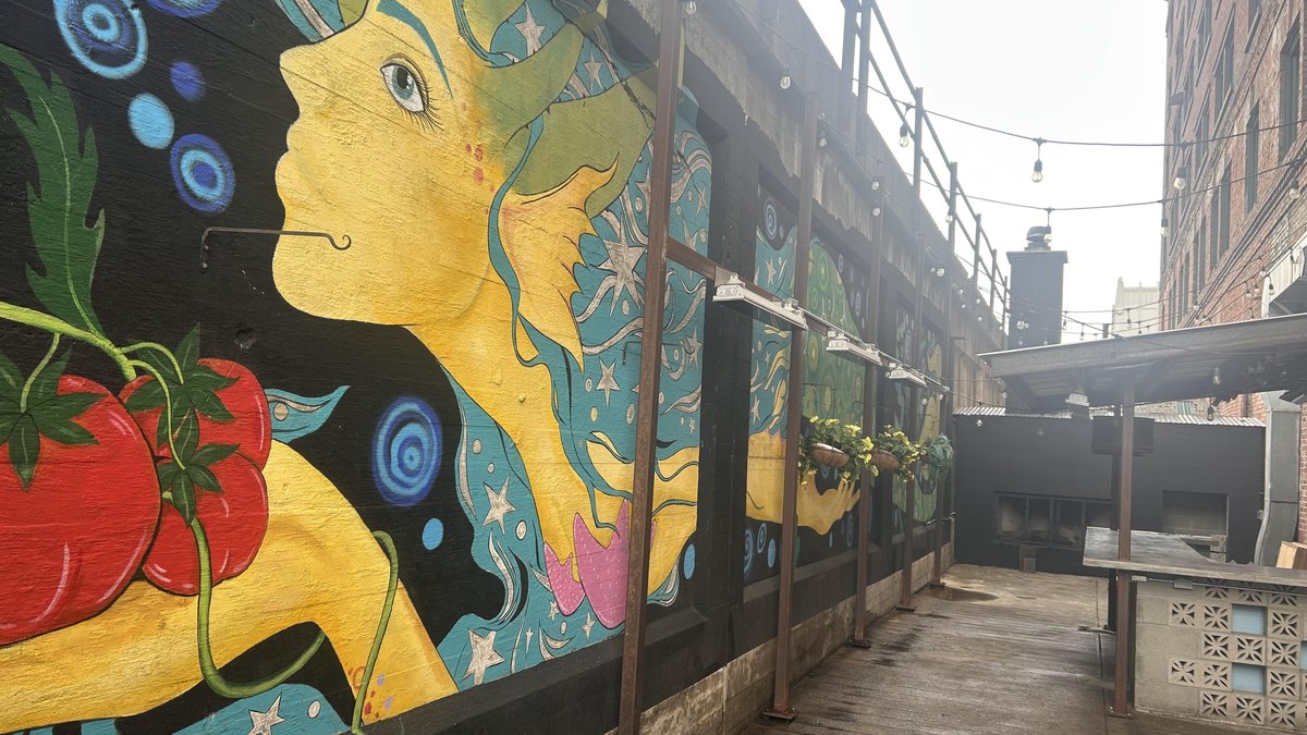 A view of the patio collage outside the pet-friendly Barrelhouse Pizzeria in Spokane, WA.